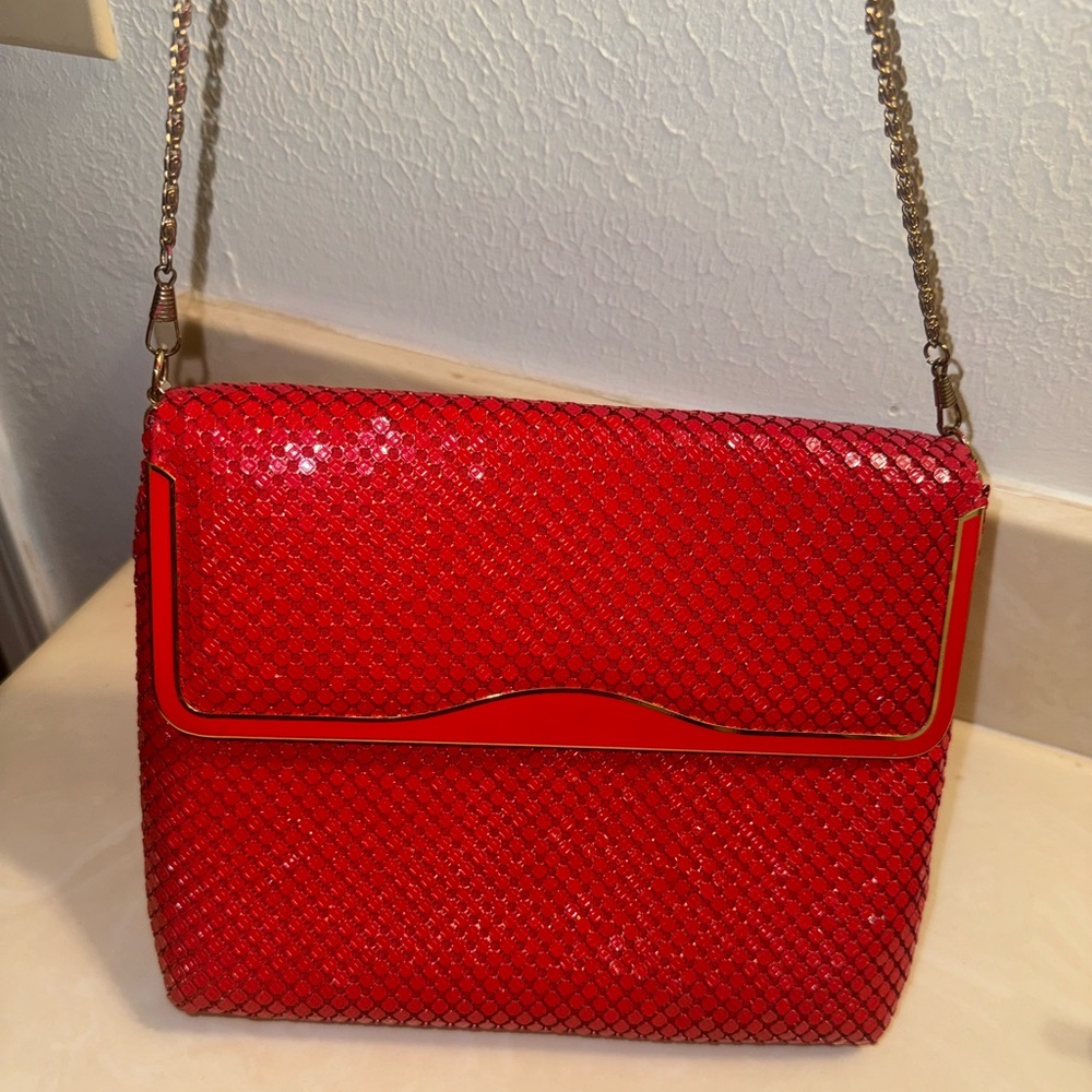Vintage red metal enamel chain purse - statement piece beautiful accessory bag